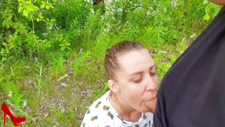 Nasty Creamy: Horny teen sucking dick stranger and oral creampie outside