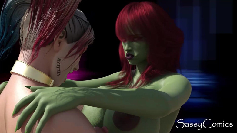 Sassy comics: Harley Quinn baise Poison Ivy avec un gode ceinture néon