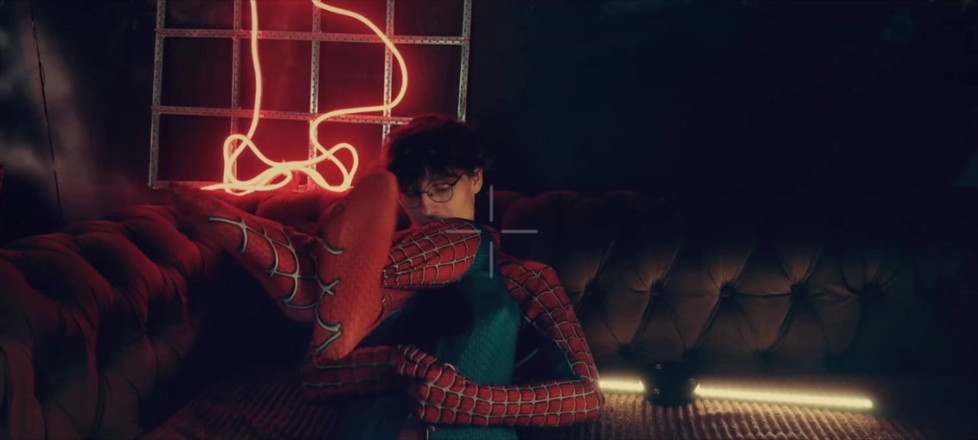 HotDogs studio: Costume De Spider-man. Le Garçon Pose En Bas. Con