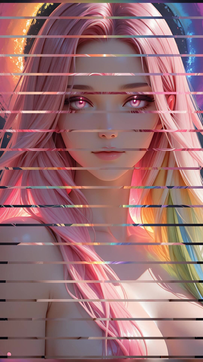 VelvetInk Studio: 彩虹宇宙美与发光的粉红色眼睛幻想肖像 ai 艺术幻灯片