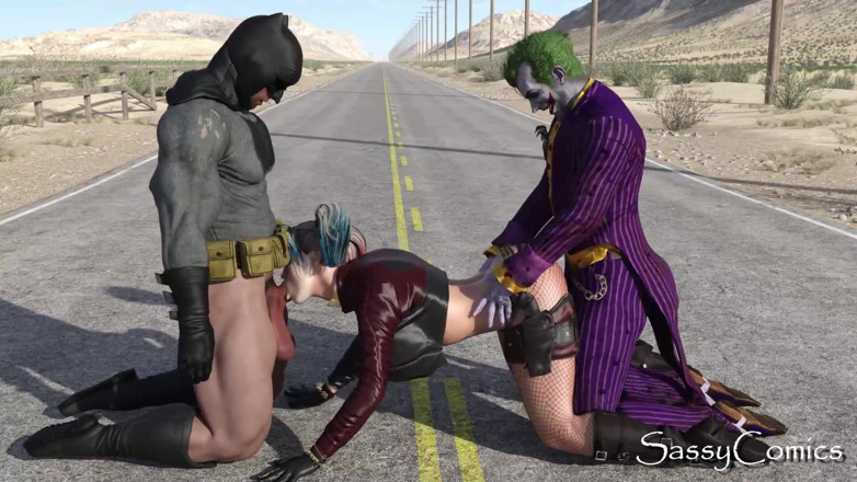 Sassy comics: Harley Quinn, Joker, Trio public Batman sur une route au...