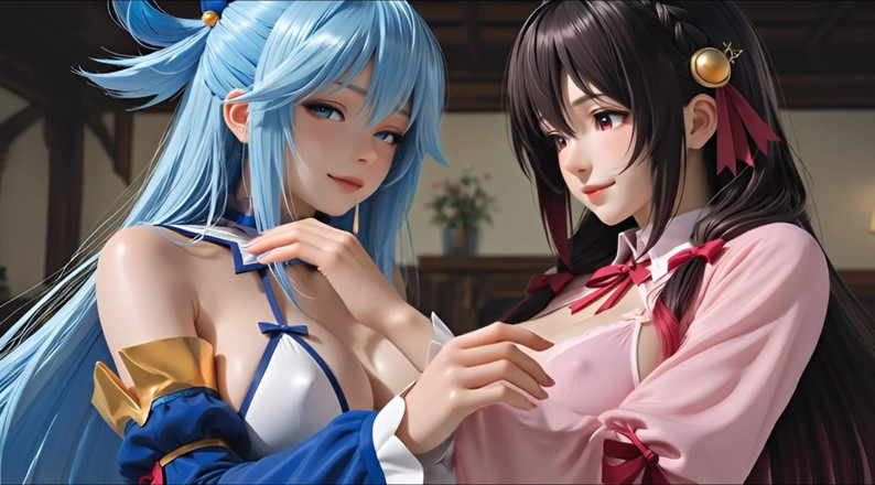 Ianimedia: SFW Aqua и Yunyun из Коносубы софт-шоу, прикосновение и поцелуи лесбиянок