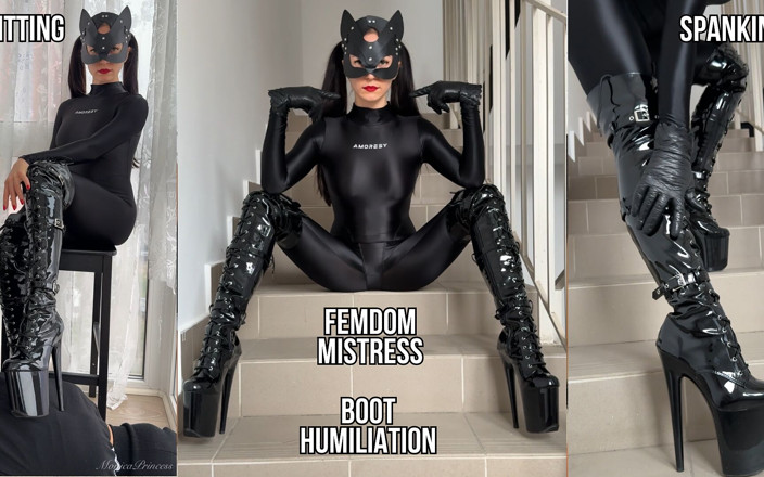 Princess Monica: 나일론 Catsuit과 무릎 높은 부츠의 여주인은 당신을 모욕