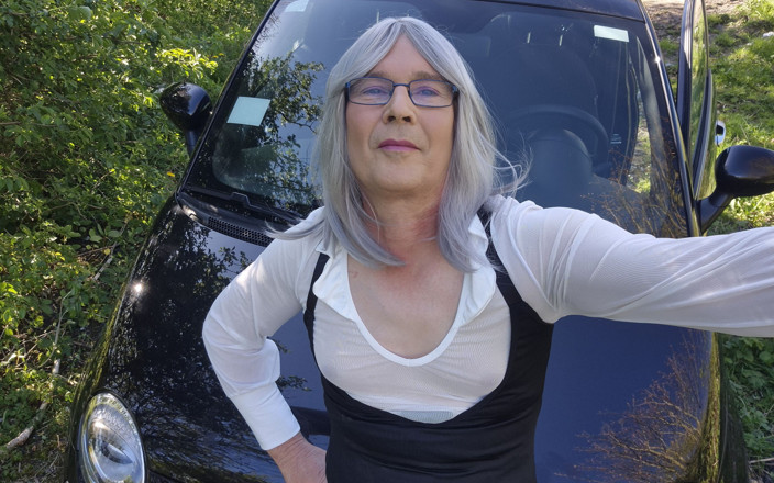 Shystockings: Mature Sissy Riding Dildo by Busy Road