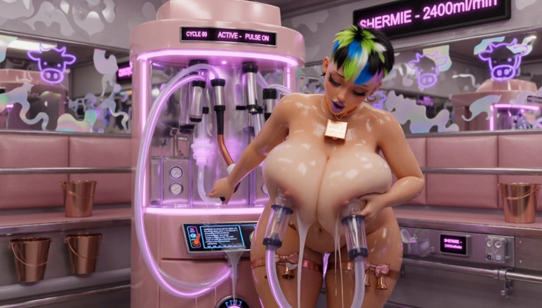 Stories&Anime: Cow girl machine à traire - seins énormes sucés et bouteille en verre...