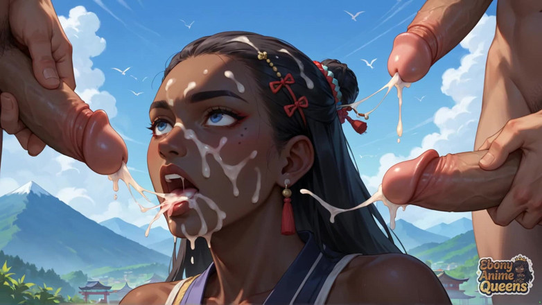 Ebony Anime Queens: La deliciosa reina garganta profunda de Mountain Sky en el...
