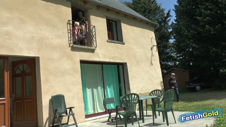 Family Role Play: Horny guy and stepfather fucks hard his blonde girlfriend outdoor