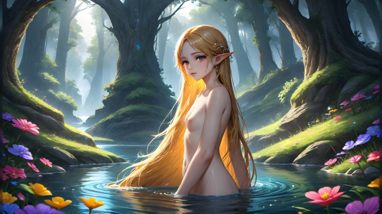 LustRender: Menina hentai elf de 18 anos posando nua perto do rio...