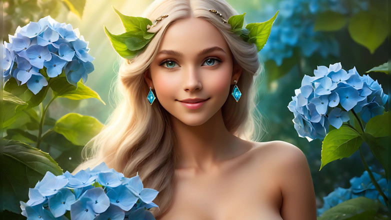 LustRender: La bellezza nuda tiene l'ortensia celeste | Jade green diamond eleganza |...