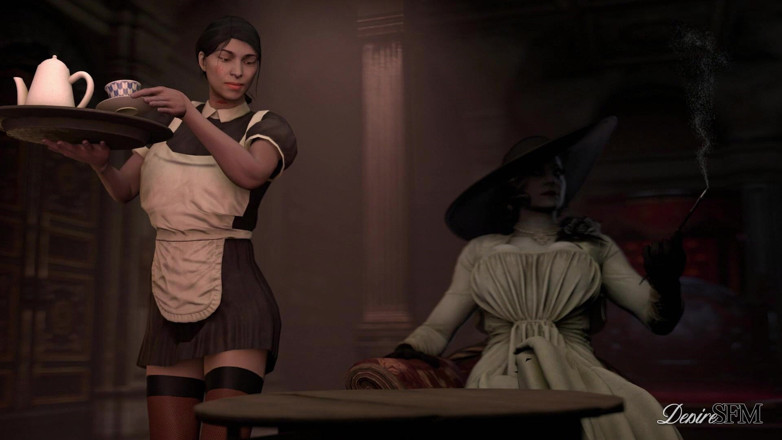 Desire SFM: Фута леді Дімітреску запліднює свою покоївку / resident evil futanari / маска радості