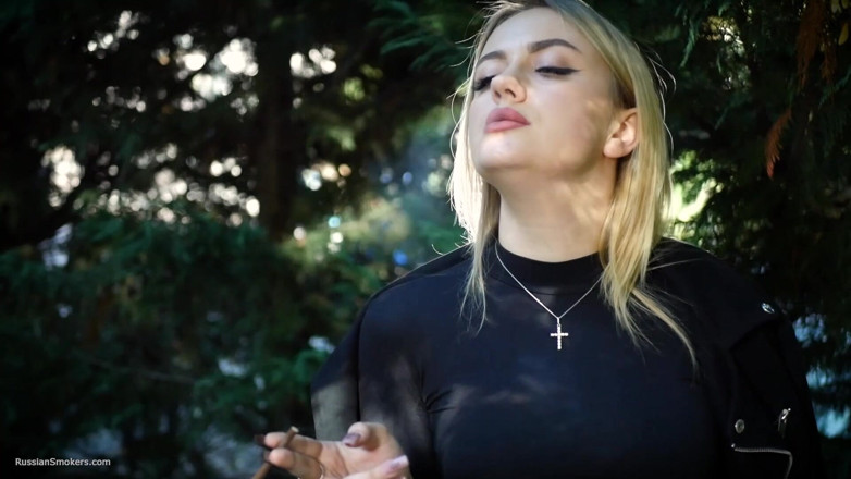 Russian Smokers: Hot Blonde Babe Smoking Two Black Cigarettes in Nature