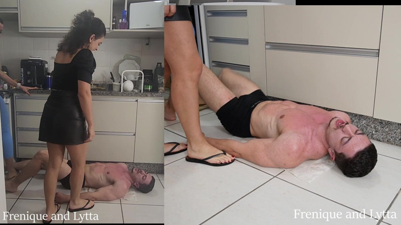 Queen Lytta ballbusting and cum lick: Frenique and Lytta - Hard Double Trampling and Ballbusting