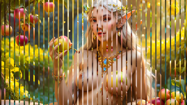 LustRender: Chica elfo desnuda de grandes pechos con manzana de cera