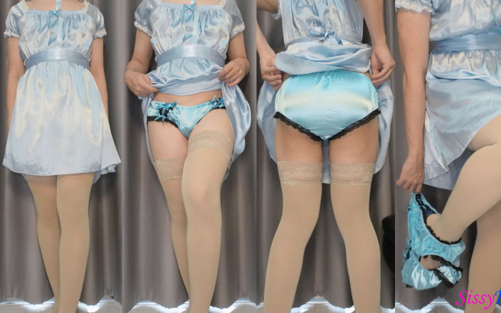 SissyKanisa: Sissykanisa mix і match: бежеві панчохи x сині атласні трусики x синє атласне плаття