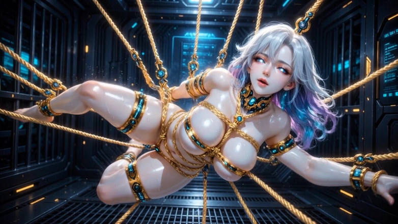 Stories&Anime: Voluttuosa shibari sospese bambola high-tech dungeon 3D
