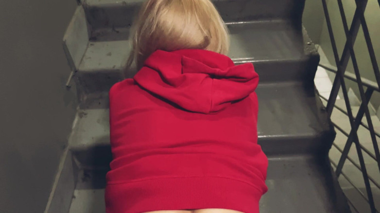 Aleks Sam: Red Hoodie, Public: Bent Down on the Steps, Damp Doggy...